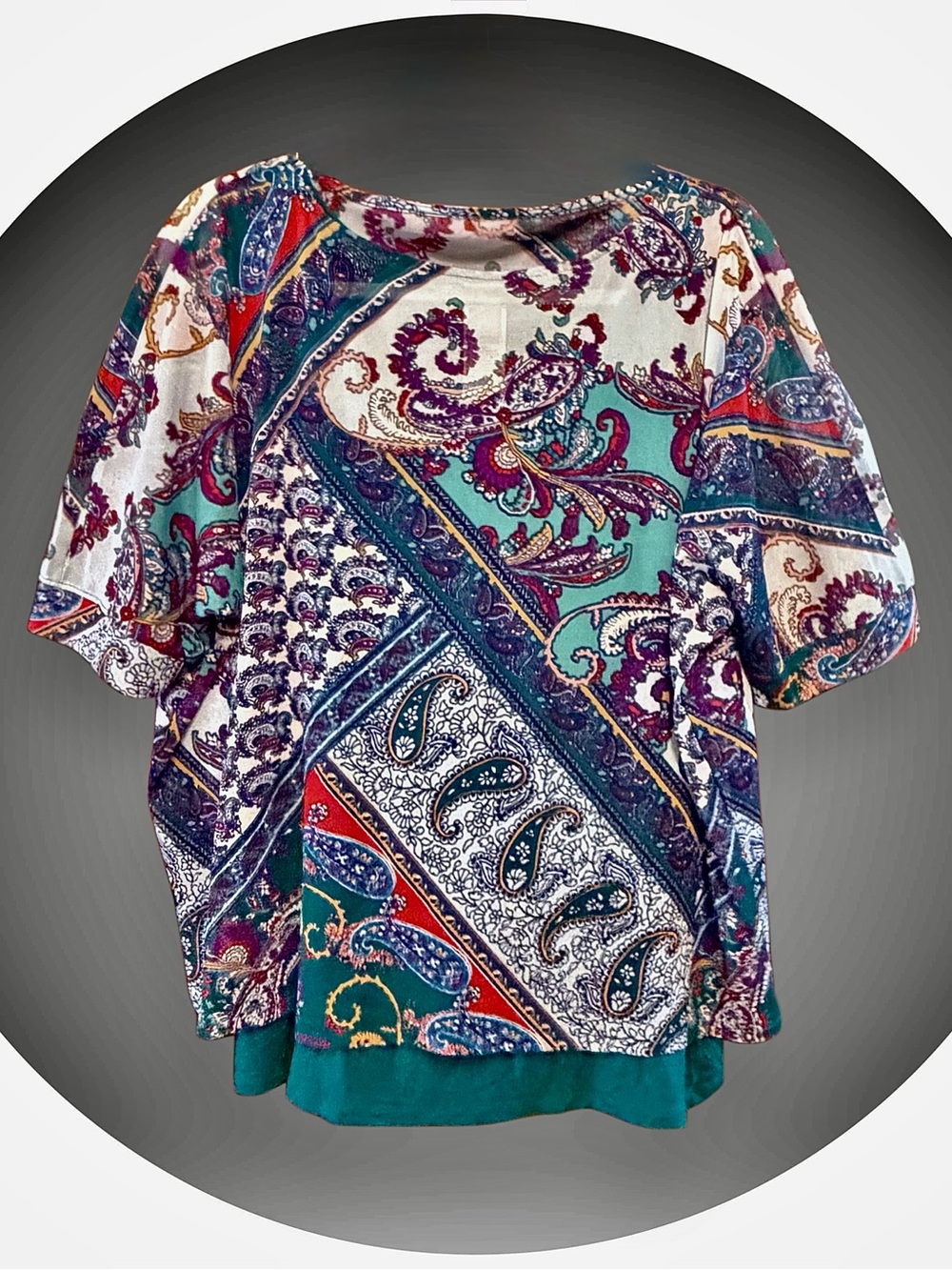 Chico's Boho Multicolored S/S Top over Teal Ribbed Knit Top size 1 Oversized